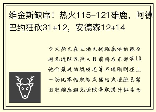 维金斯缺席！热火115-121雄鹿，阿德巴约狂砍31+12，安德森12+14