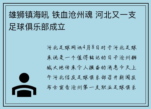 雄狮镇海吼 铁血沧州魂 河北又一支足球俱乐部成立